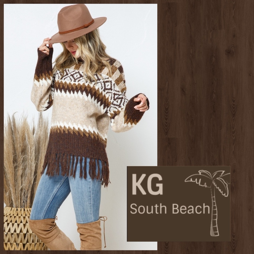 KGSB Collection Oversized Aztec Print Fringed Boatneck Wide Sleeved Cozy Sweater